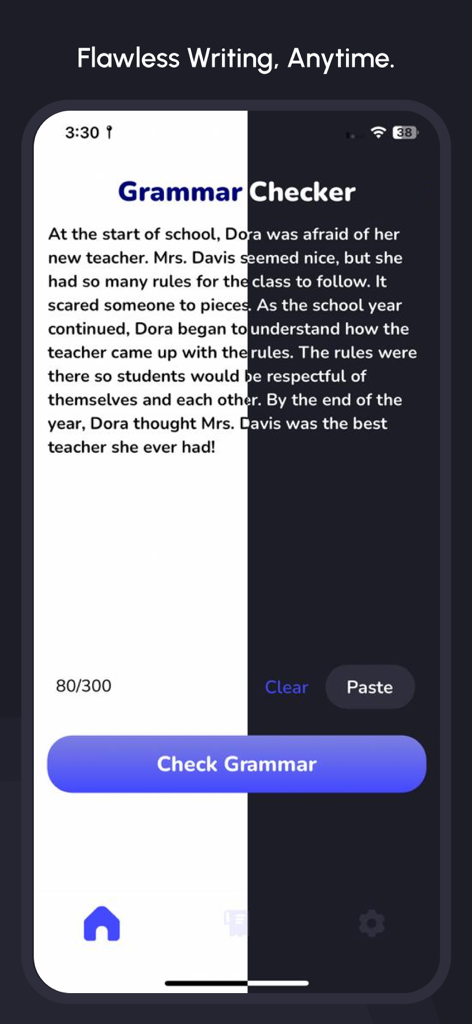 Grammar Check: Spell Corrector - Mobile app interface of Grammar Check showing a text input field and a Check Grammar button