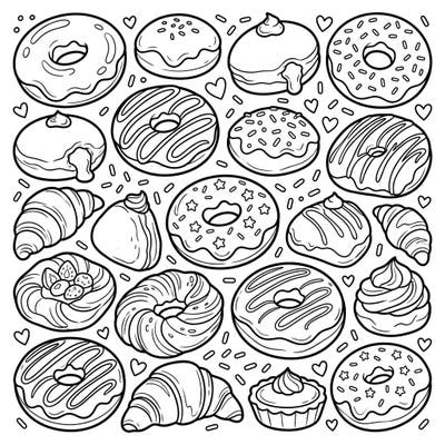 Dive into a delicious world of sweet treats with this delightful coloring page designed especially for kids. Featuring an array of fluffy doughnuts and delicate pastries, it's perfect for little hands ready to add vibrant colors.