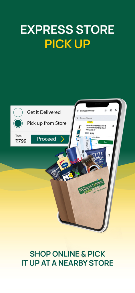 Interface do aplicativo Wellness Forever mostrando as opções de retirada expressa na loja e entrega com uma sacola de compras de produtos de bem-estar