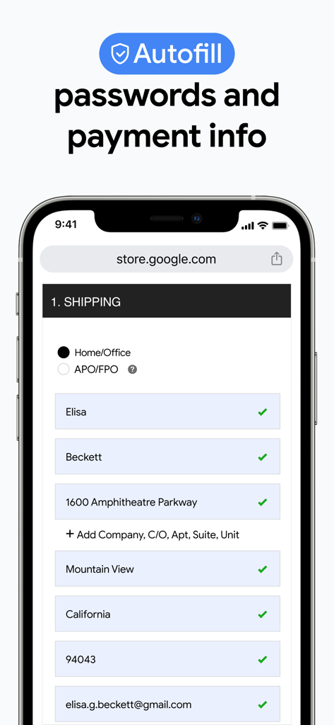 Screenshot dell'app Google Chrome che mostra la funzione di autocompletamento che completa automaticamente i campi dell'indirizzo di spedizione in una pagina di checkout