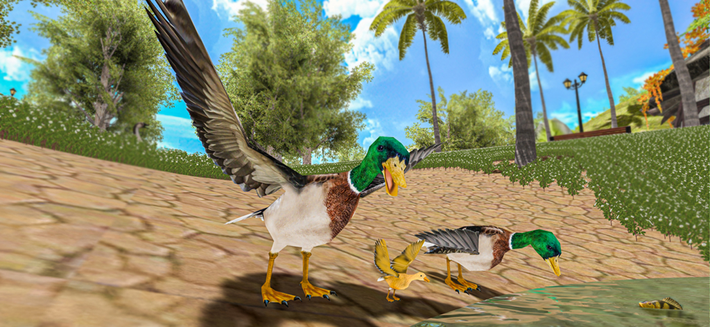 Flying Duck Life Simulator - A mallard duck family with a duckling near a pond in a 3D nature environment