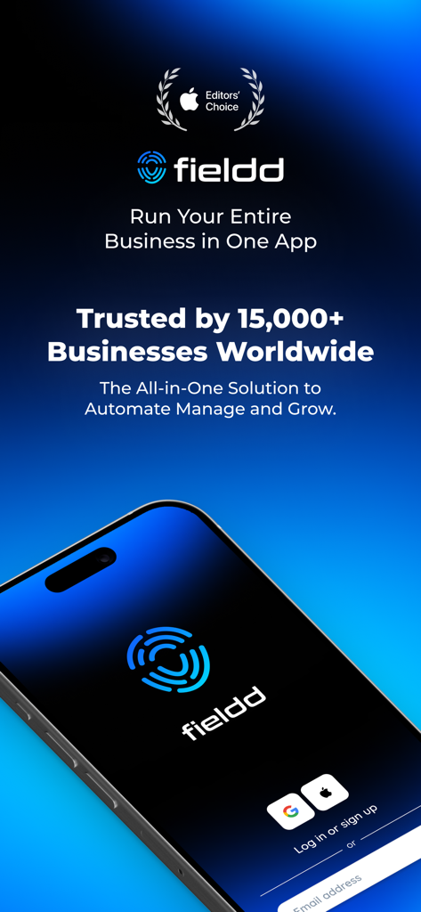 fieldd - Schermata principale dell'app mobile Fieldd su uno smartphone che mostra funzionalità di automazione e gestione aziendale