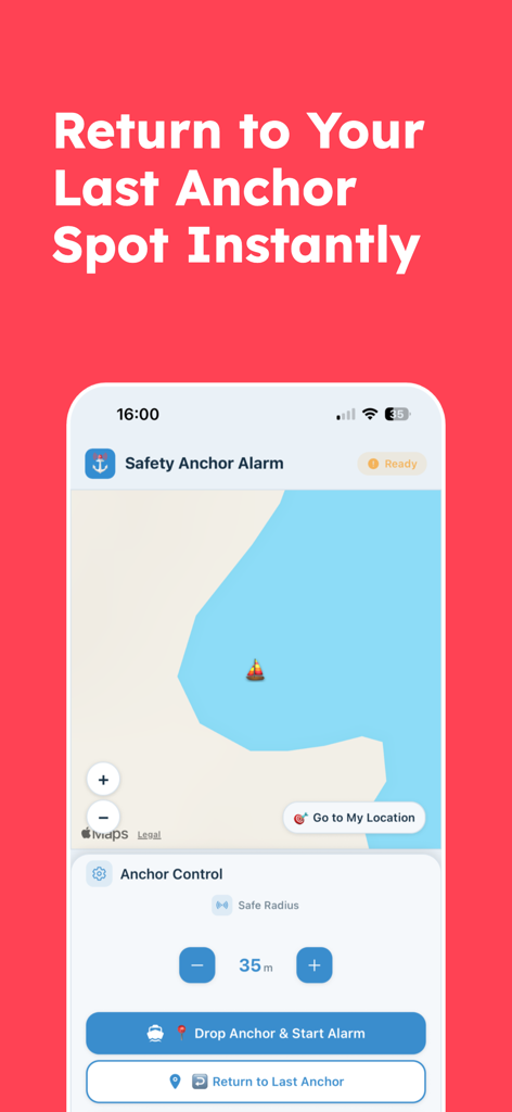 Safety Anchor Alarm - Safety Anchor Alarm app interface showing boat position on a map and anchor control settings
