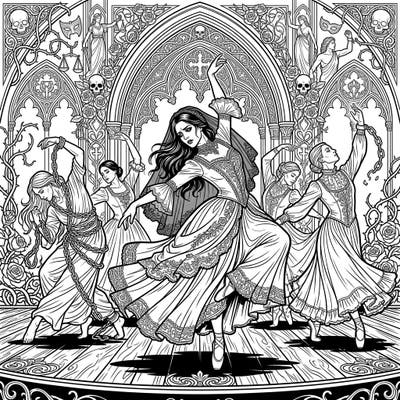 Immerse yourself in a powerful gothic dance scene, where elegant figures express the complexities of societal issues through dramatic movement. This intricate coloring page invites you to explore themes of constraint and liberation with every stroke.