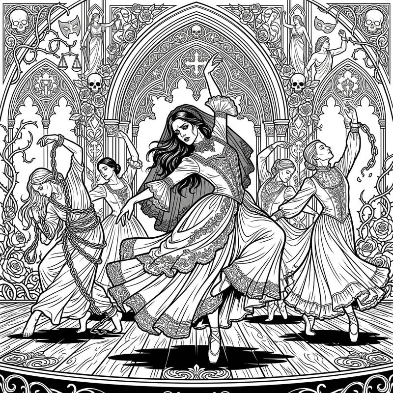 Immerse yourself in a powerful gothic dance scene, where elegant figures express the complexities of societal issues through dramatic movement. This intricate coloring page invites you to explore themes of constraint and liberation with every stroke.