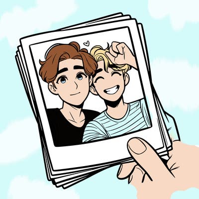 realistic, best friends taking a polaroid picture