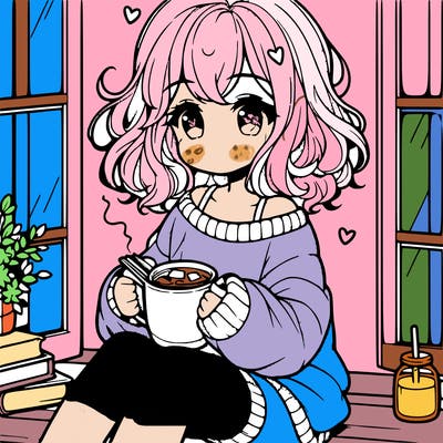cute anime girl reading book and drinking hot chocolate from mug with loose wavy hair wearing a baggy sweatshirt and shorts sitting by windowsill looking out