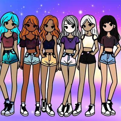 a group of girls wearing crop tops and shorts