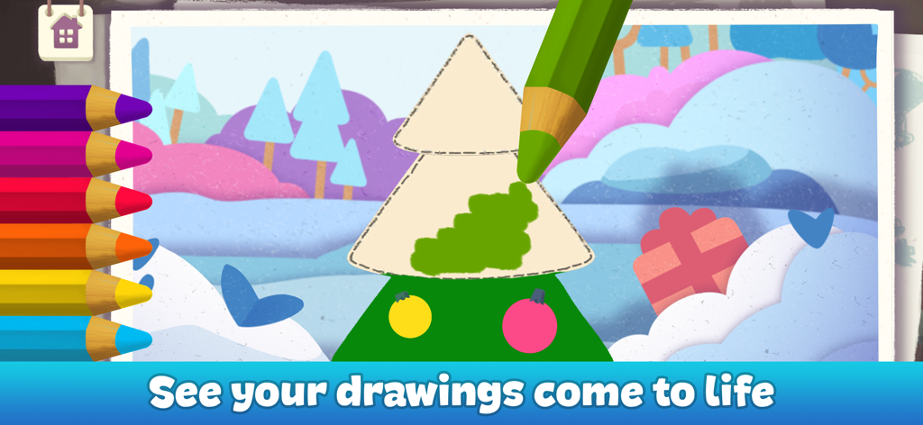 Drawing for Kids and Toddlers - Un niño colorea un árbol de Navidad en la aplicación Dibujo para Niños y Niñas.