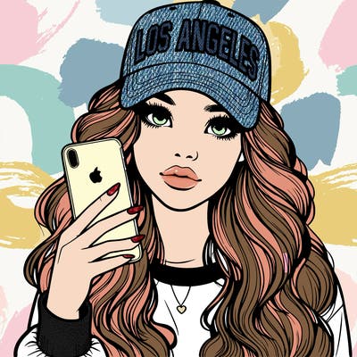 realistic beautiful girl wearing los ángeles cap holding an iphone