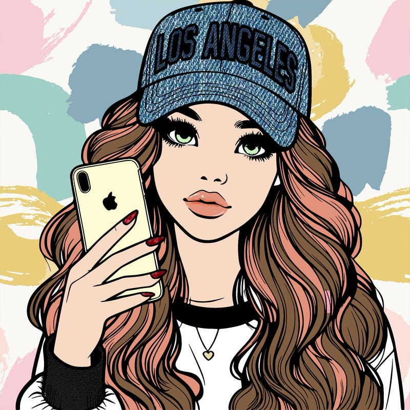 realistic beautiful girl wearing los ángeles cap holding an iphone