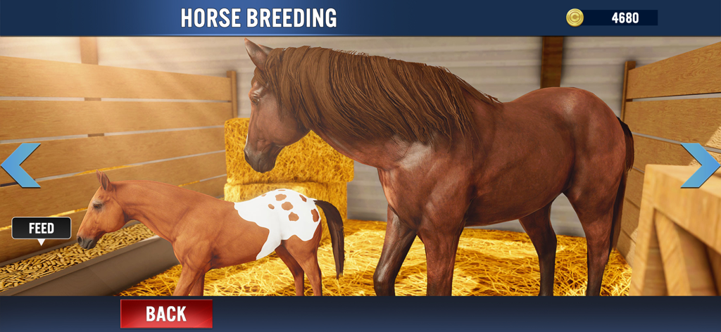 My Stable Horse Racing Games - Fonctionnalité de reproduction de chevaux virtuelle montrant une jument adulte et un poulain tacheté dans une écurie