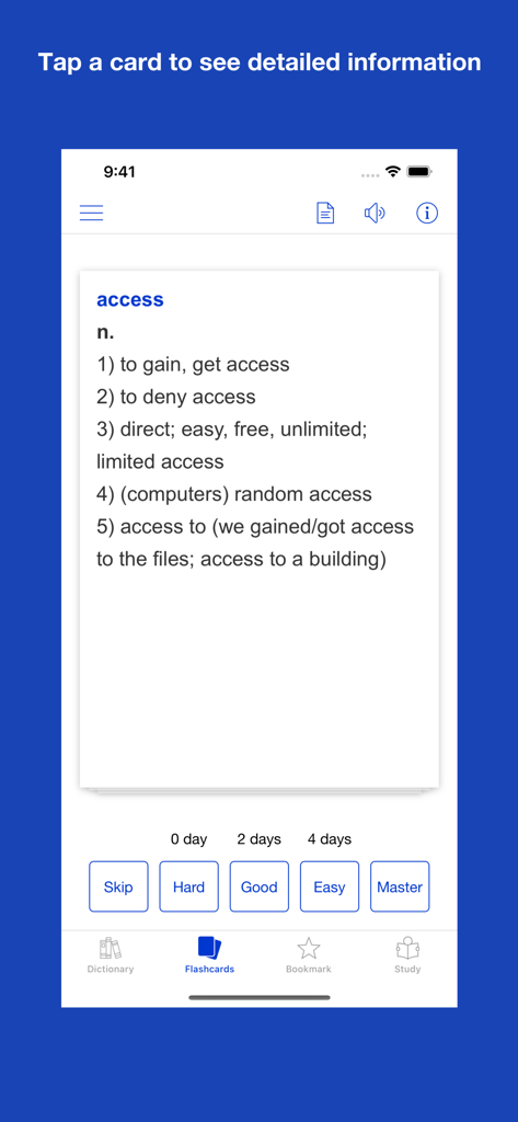 A flashcard for the word access in the Mastering English Collocation app with spaced repetition learning options.