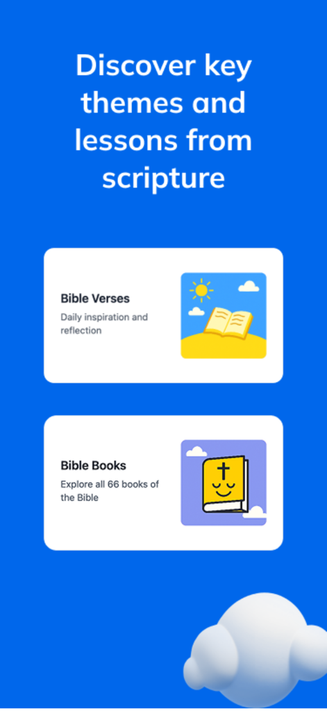 Daily Bible: Chat & Study - Pantalla de la aplicación Biblia Diaria mostrando opciones de inspiración diaria a través de versículos bíblicos y la exploración de los 66 libros de la biblia
