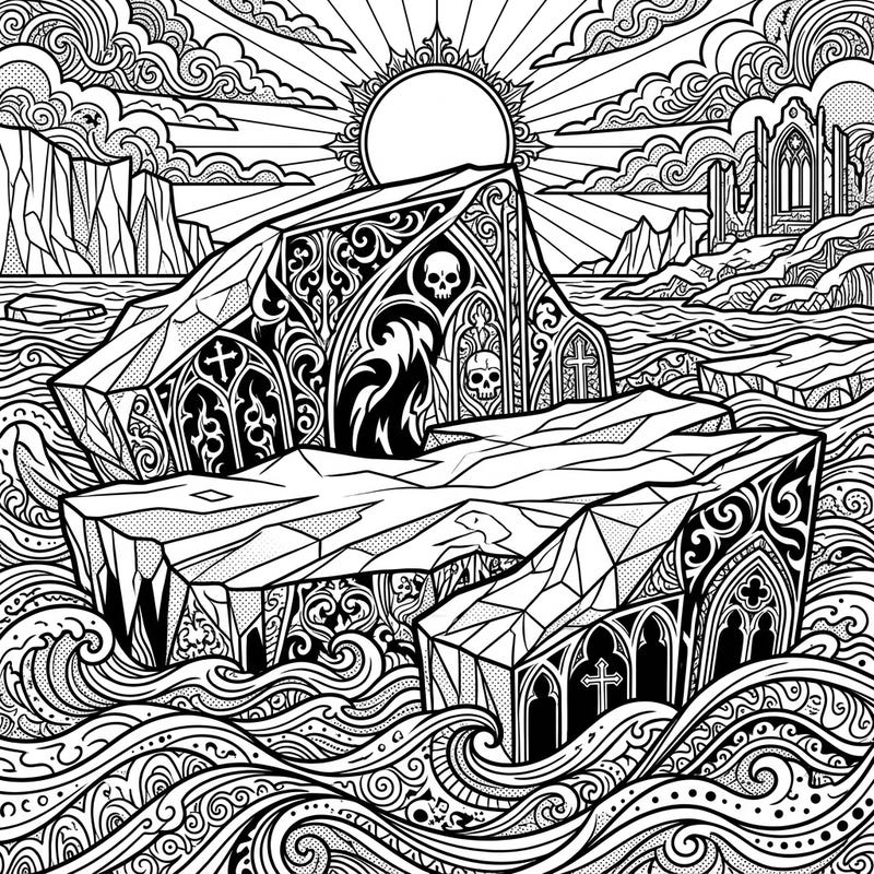 Unleash your creativity with this unique coloring page featuring ornate Gothic ice floes amidst a dynamic Pop Art ocean. Experience a blend of dark mystery and vibrant artistic expression in every stroke.