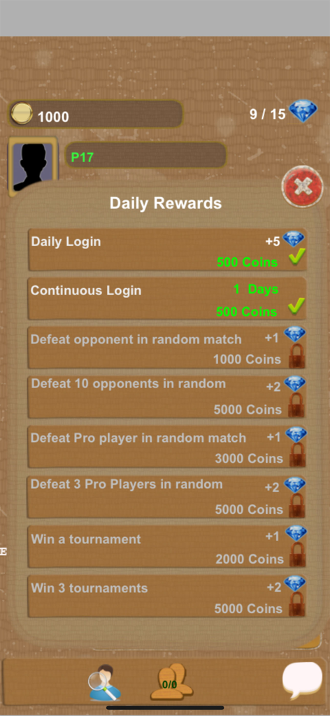 Shatranj - Ancient Chess - Interfaz de recompensas diarias en la aplicación Shatranj Ajedrez Ancestral que enumera bonificaciones de inicio de sesión y desafíos de juego.