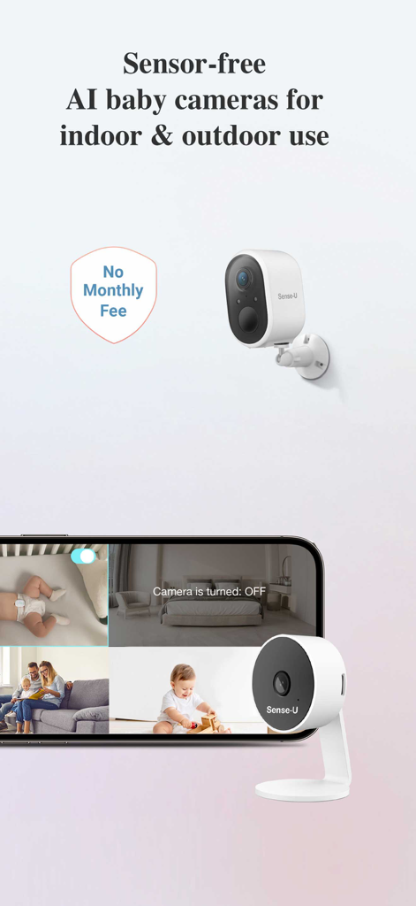 Sense-U Baby - Sense-U AI baby cameras for indoor and outdoor use with no monthly fee showing smartphone monitoring