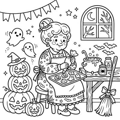 Get ready for a unique Halloween celebration as Mrs. Claus trades her Christmas apron for a spooky one, crafting delightful treats for the season of ghouls. This charming coloring page blends holiday cheer with eerie fun, perfect for all ages.