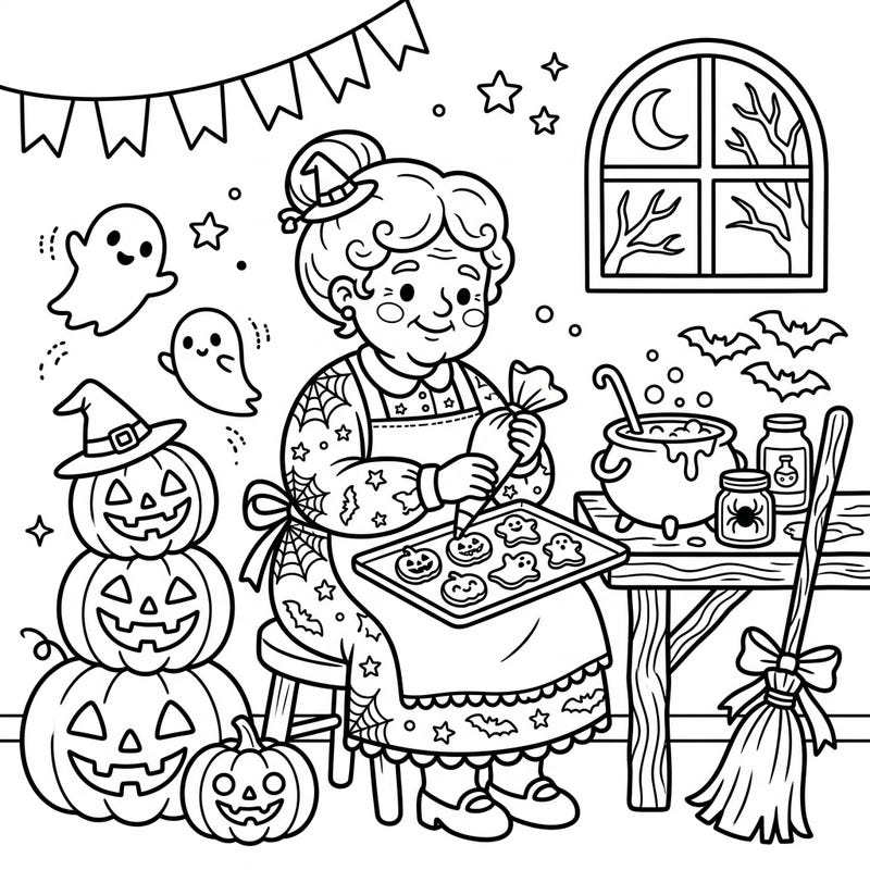 Get ready for a unique Halloween celebration as Mrs. Claus trades her Christmas apron for a spooky one, crafting delightful treats for the season of ghouls. This charming coloring page blends holiday cheer with eerie fun, perfect for all ages.
