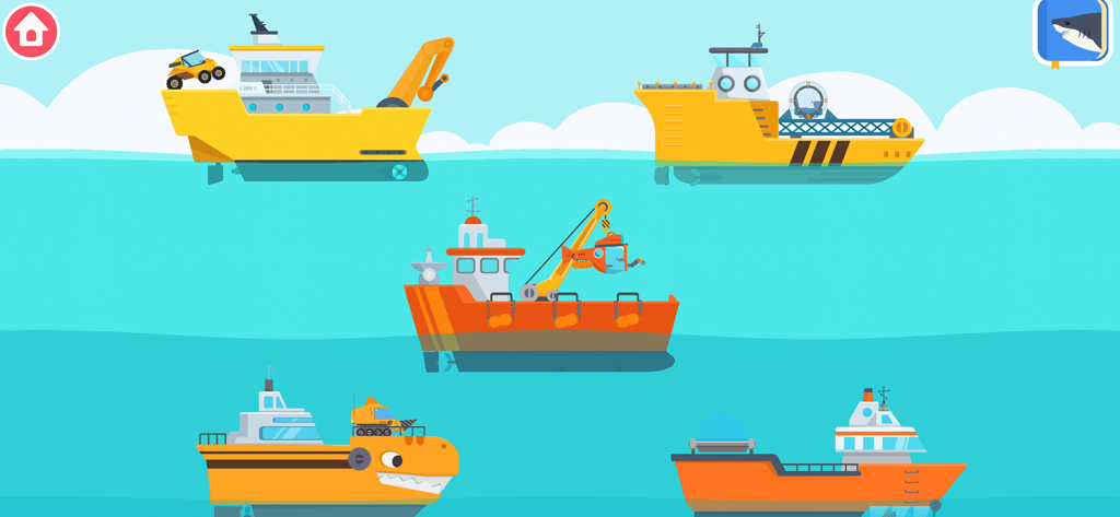 Cinq navires de recherche scientifiques et sous-marins colorés en dessin animé pour l'exploration océanique des enfants.