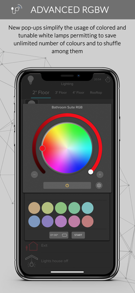 Thinknx UP - Thinknx UP app interface showing advanced RGBW lighting control with a color wheel and presets