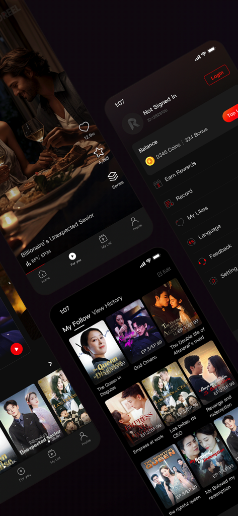 RadReel - Interface of RadReel app displaying short vertical dramas and user account settings.