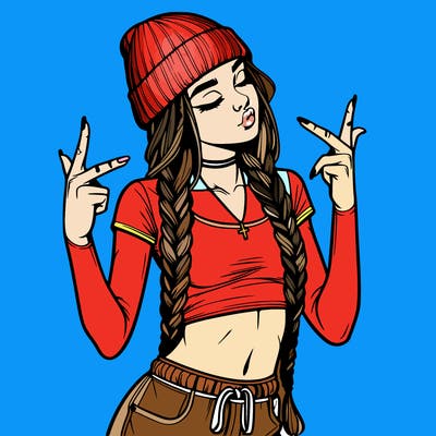 realistic teenage girl with braids and a beanie and crop top doing 🫶🏼