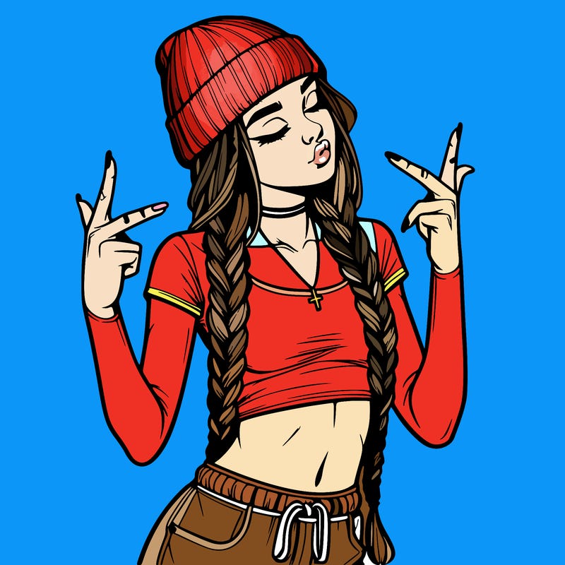 realistic teenage girl with braids and a beanie and crop top doing 🫶🏼