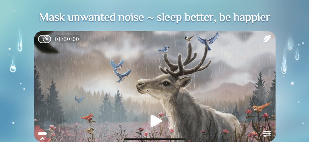 Rainy Sleep Rain Sounds HQ 3D - Rainy Sleep app interface showing a 3D rain scene with a deer and birds in a forest.