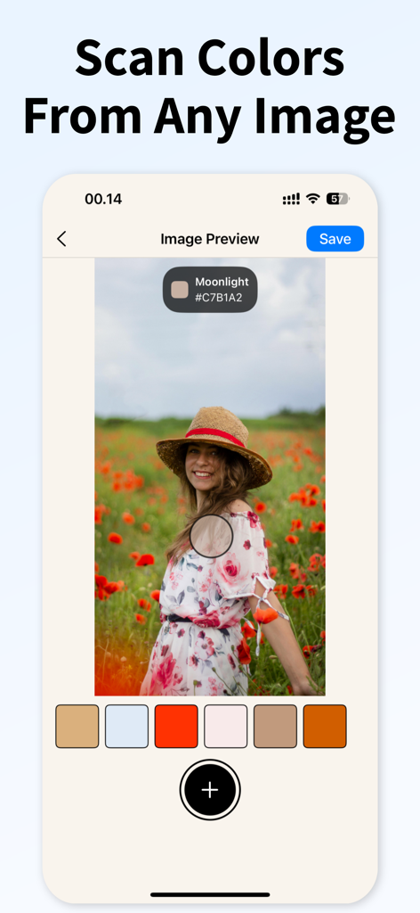 Color Finder ™ - Aplicativo Color Finder extraindo um código hex e uma paleta de cores de uma foto de uma mulher em um campo de papoilas