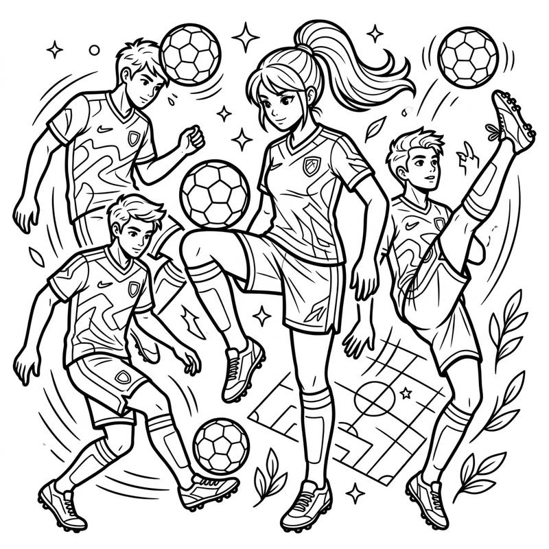 Get ready to color the excitement of the game with this dynamic scene of soccer players showcasing their incredible ball juggling skills. Perfect for sports enthusiasts and aspiring athletes, this page captures the energy and precision of the beautiful game.