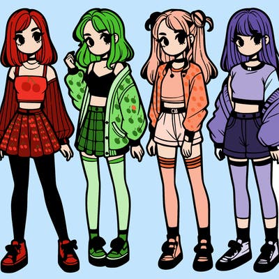 one girl with crop-top shirt and a jacket with a skirt, long socks and another girl with a shirt and pants with a jacket