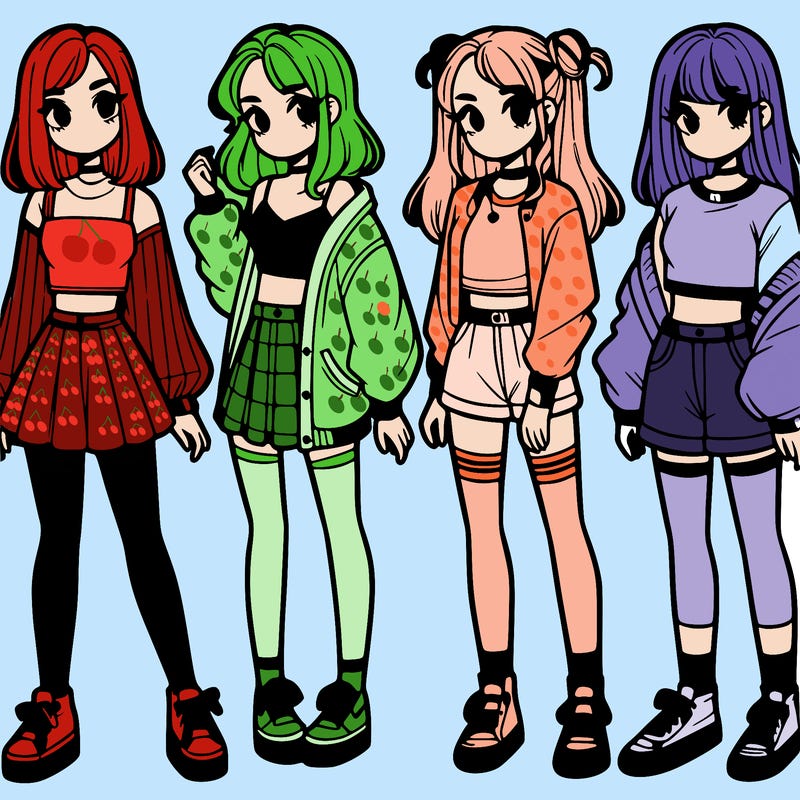 one girl with crop-top shirt and a jacket with a skirt, long socks and another girl with a shirt and pants with a jacket