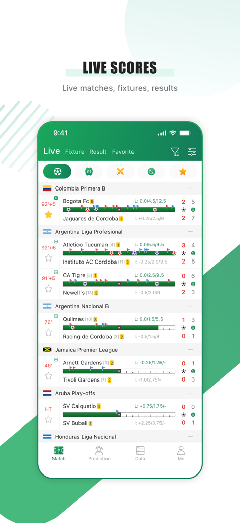 Interface of the Firescore app displaying live soccer scores and match statistics for various international leagues.