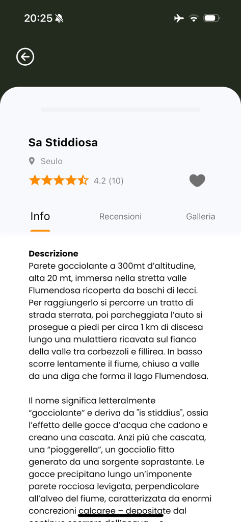 Heart of Sardinia - Screen showing details and description for the Sa Stiddiosa location in Seulo on the Heart of Sardinia app.