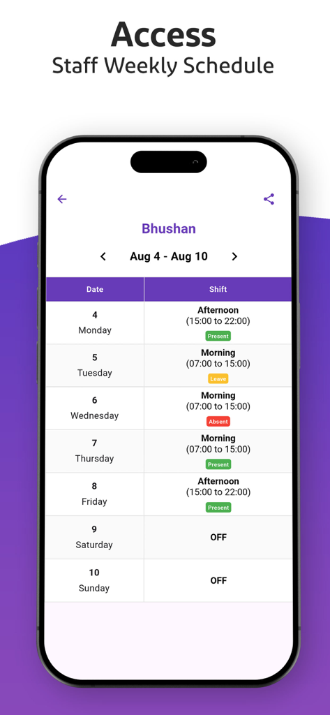 Pantalla móvil que muestra un horario semanal de personal con horas de turno y estado de asistencia