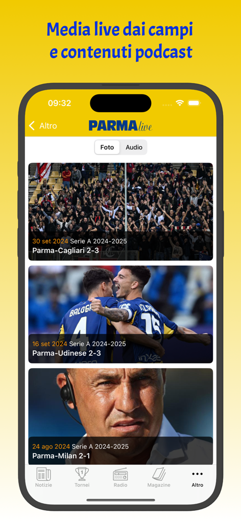 Parma Live app screen showing a gallery of match photos and scores for Parma Calcio fans