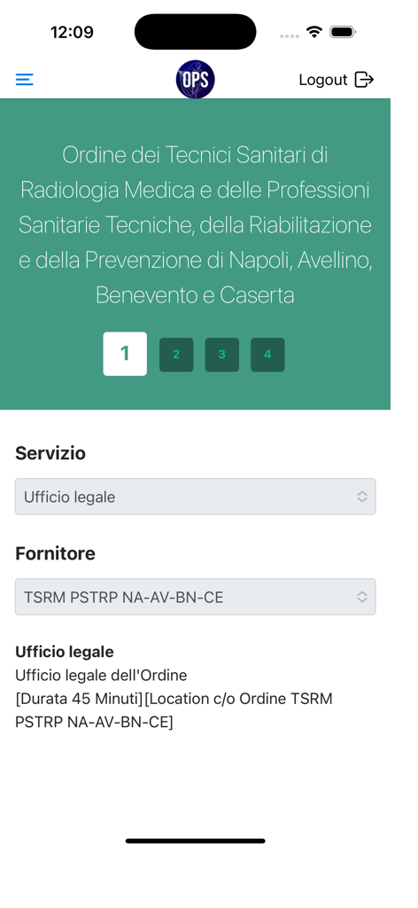 OPS Ordine TSRM PSTRP NAAVBNCE - 医療専門家向けのOPSアプリの予約インターフェイス。予約リクエストのステップ1が表示されています。