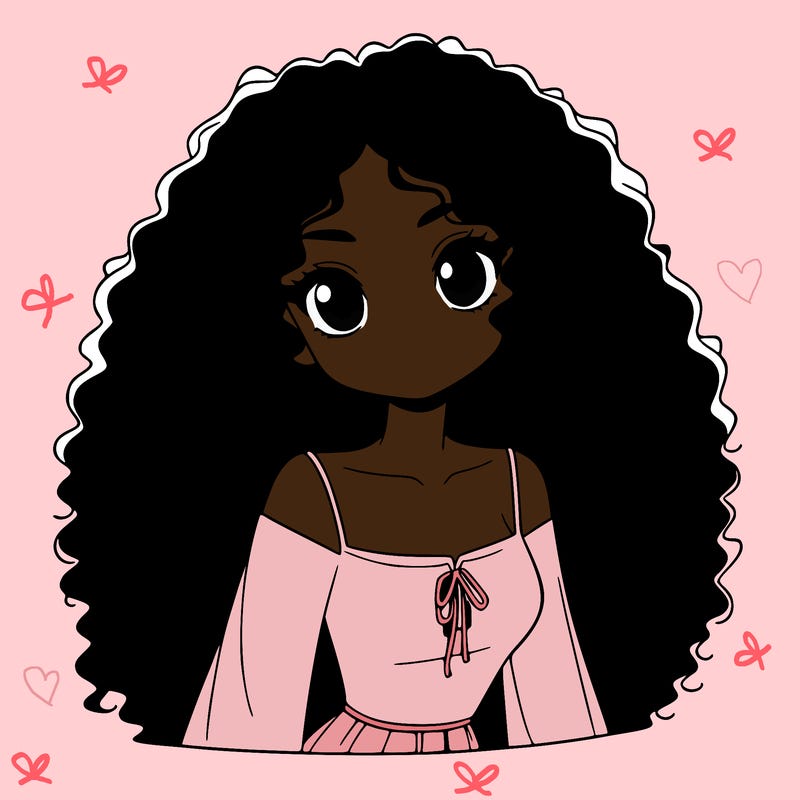 a black anime girl with long afro hair