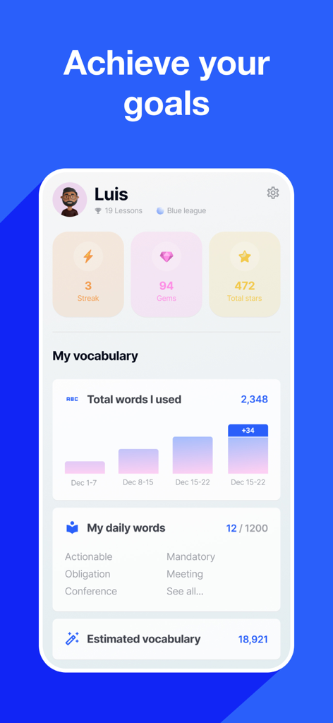 Speak English with Loora AI - ユーザーの語彙成長チャート、学習連続記録、使用単語合計を示すLoora AIアプリのダッシュボード。