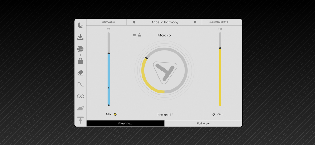 Transit 2 music plugin Play View interface featuring the central Macro knob and level sliders.