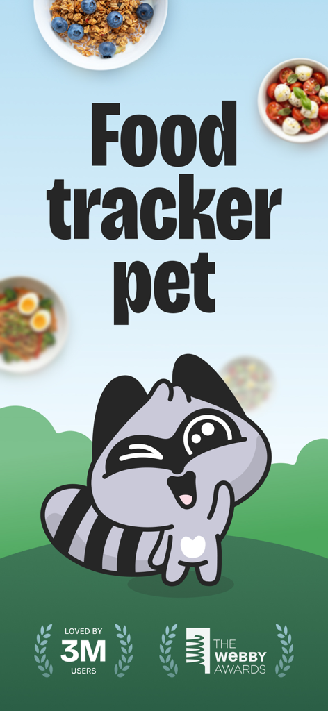 Promotional graphic for BitePal app featuring a cute cartoon raccoon and healthy food bowls