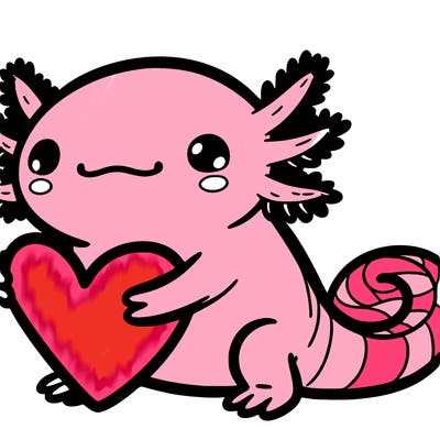 a axolotl holding a heart and it has no mouth