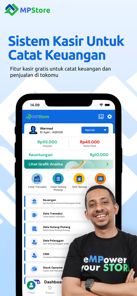 MPStore - SuperApp UMKM - MPStore mobile app cashier system interface showing financial records and sales tracking
