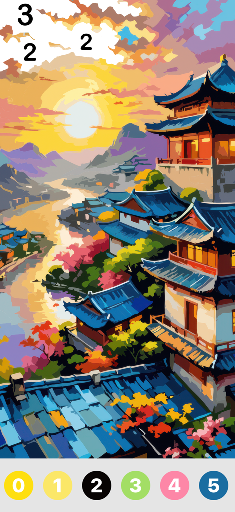Oil Painting : Color By Number - A color by number mobile app screen showing a digital oil painting of a landscape with temples at sunset
