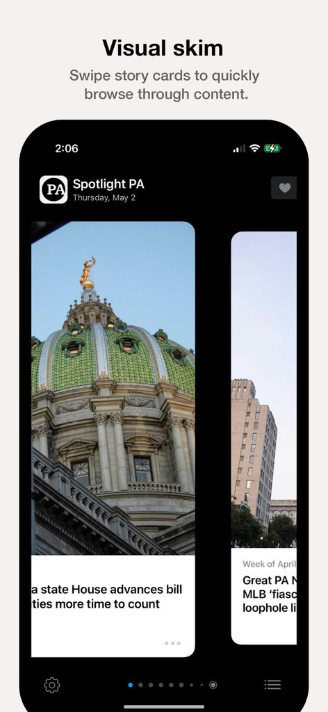 Spotlight PA app interface showing the visual skim feature with swipeable news story cards.