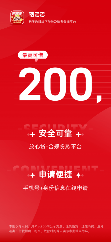 Jiduo Duo mobile app screenshot displaying a 200,000 credit limit with safe and convenient online application text in Chinese