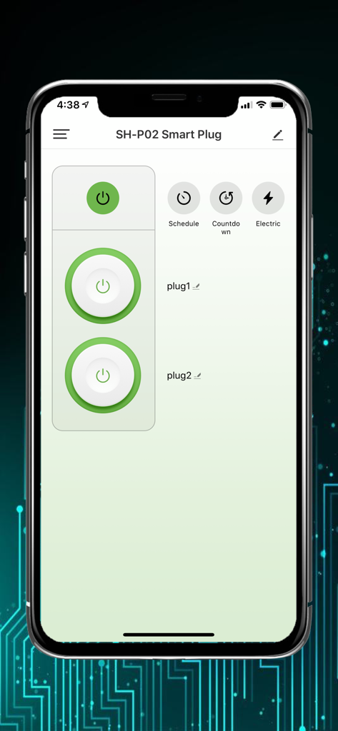 DELTACO SMART HOME - Schermata dello smartphone che mostra l'interfaccia di controllo di una doppia presa smart Deltaco con pulsanti di accensione e opzioni di programmazione.