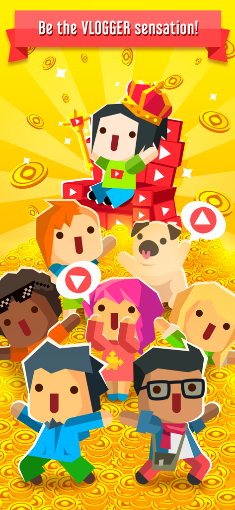 Un vlogger di successo seduto su un trono a forma di pulsante play, circondato da fan felici e monete d'oro