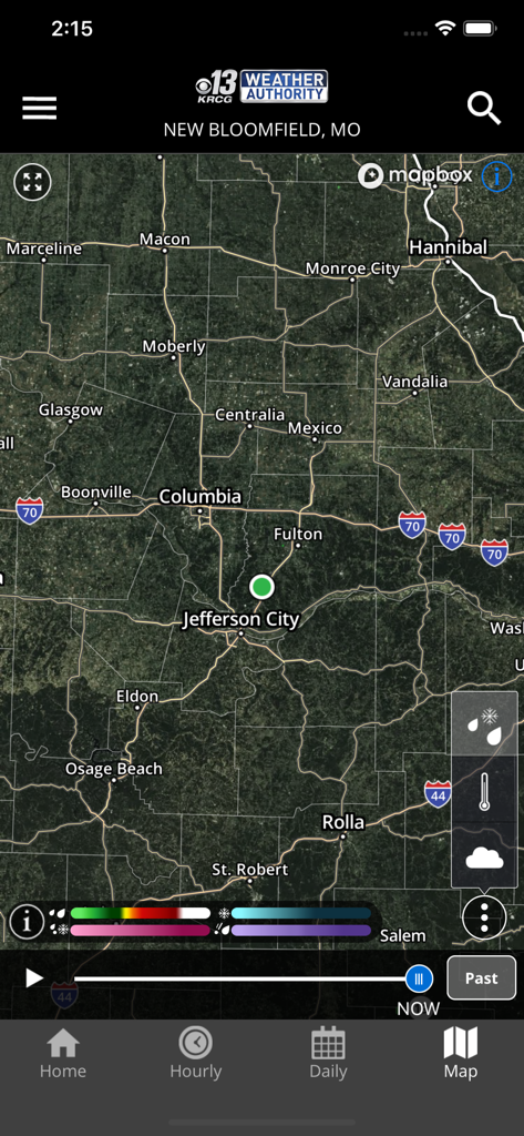 High resolution interactive weather radar map of Mid-Missouri showing Jefferson City and Columbia on the KRCG 13 mobile app.